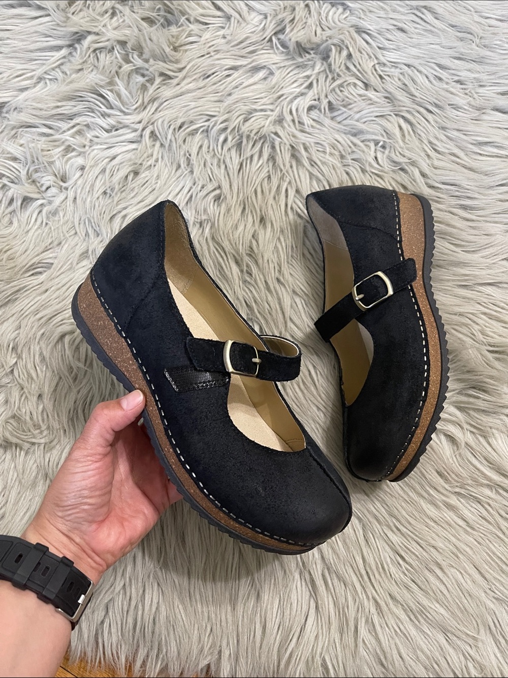 Dansko Black Mary Jane Platform Flats with Brown Midsole